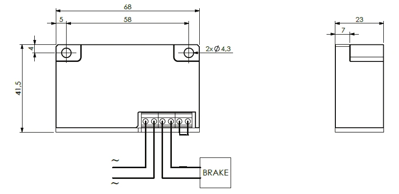 Disegno quotato raddrizzatore AP5B con schema di collegamento