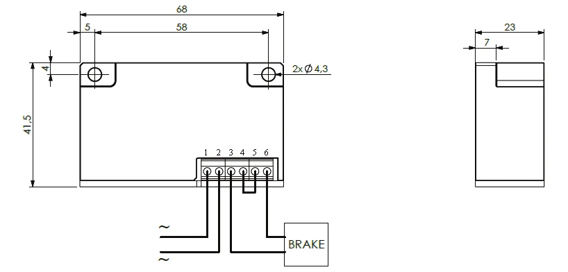Disegno quotato raddrizzatore AP5BR con schema di collegamento